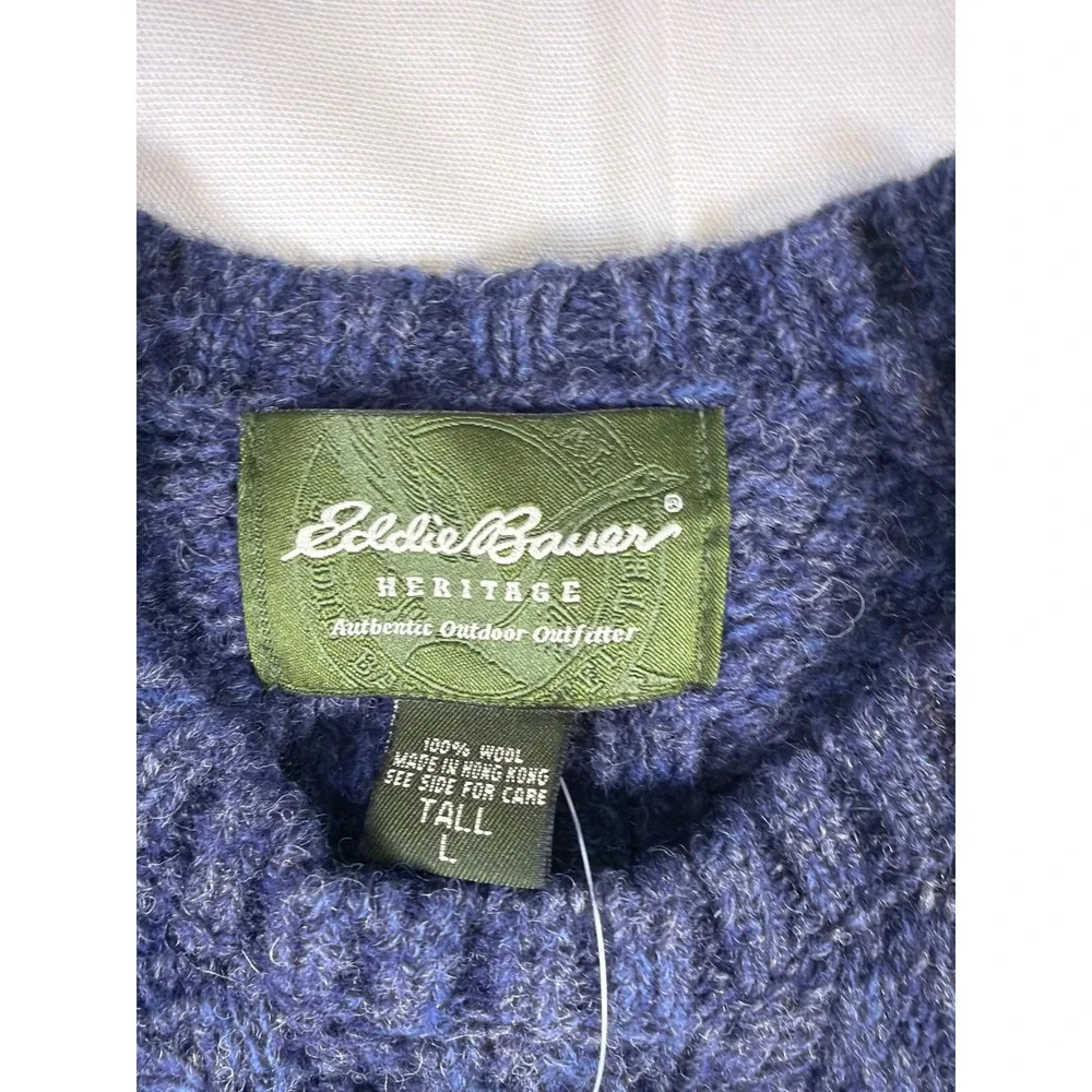VNTG 90's NWT Eddie Bauer Heritage Mens Blue Cable Knit Wool Sweater Large Tall